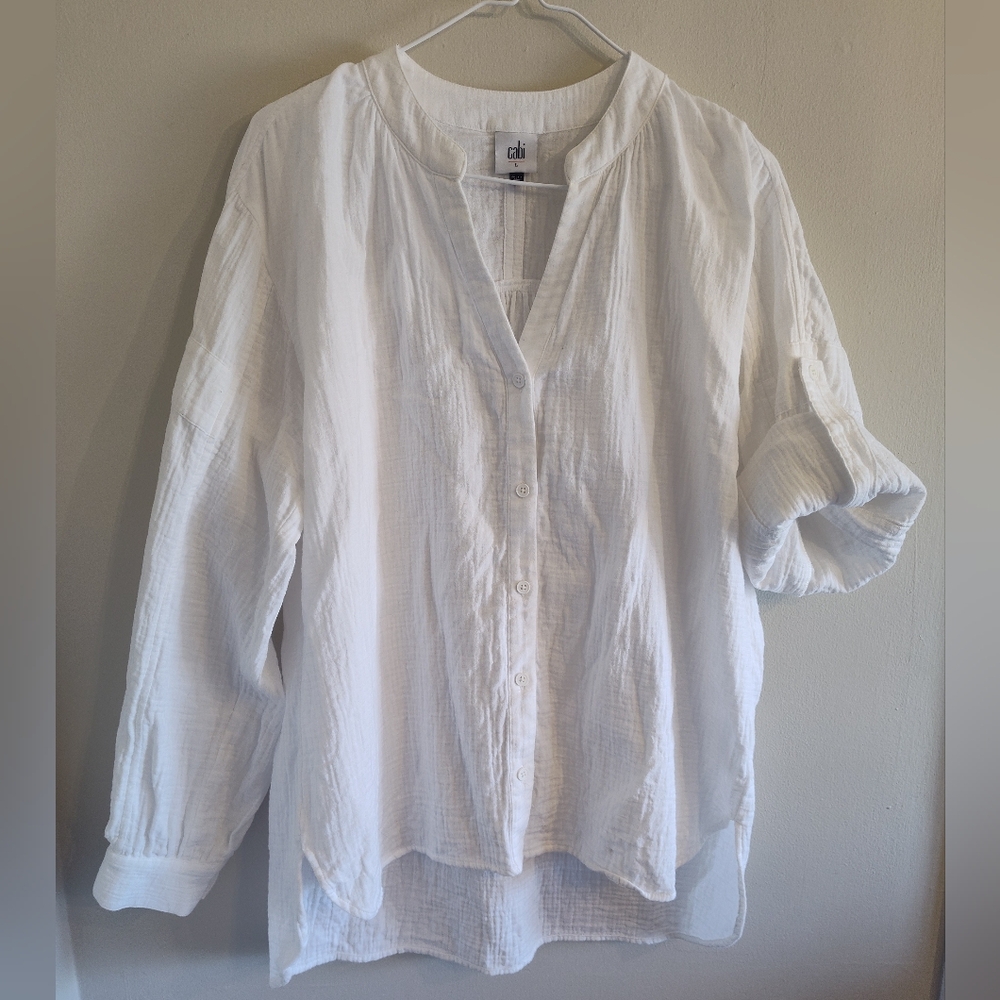 Cabi White Cotton Gauze Blouse Shirt Coastal Grandma Summer Beach